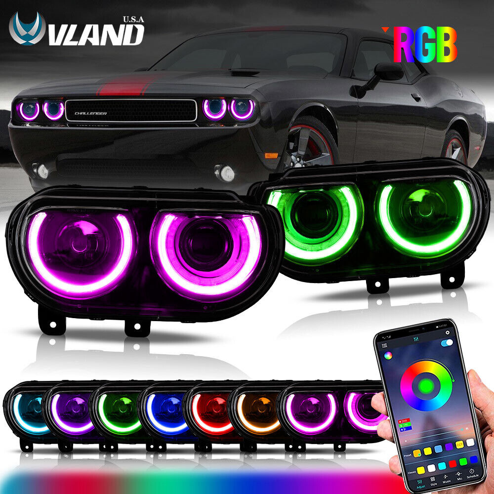 RGB LED Headlights For 2008-2014 Dodge Challenger VLAND Projector Front Lamps