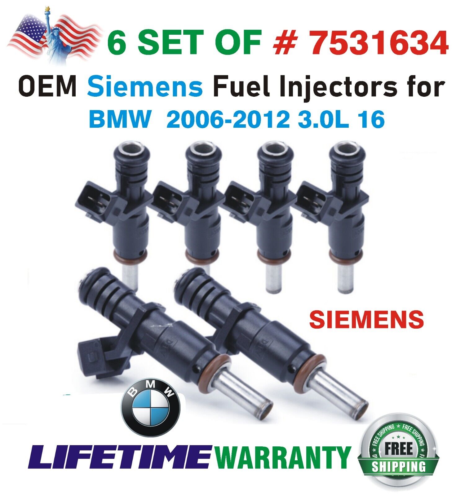Genuine Siemens Set of 6 Fuel Injectors for 2006-2012 BMW 3.0L I6 #7531634