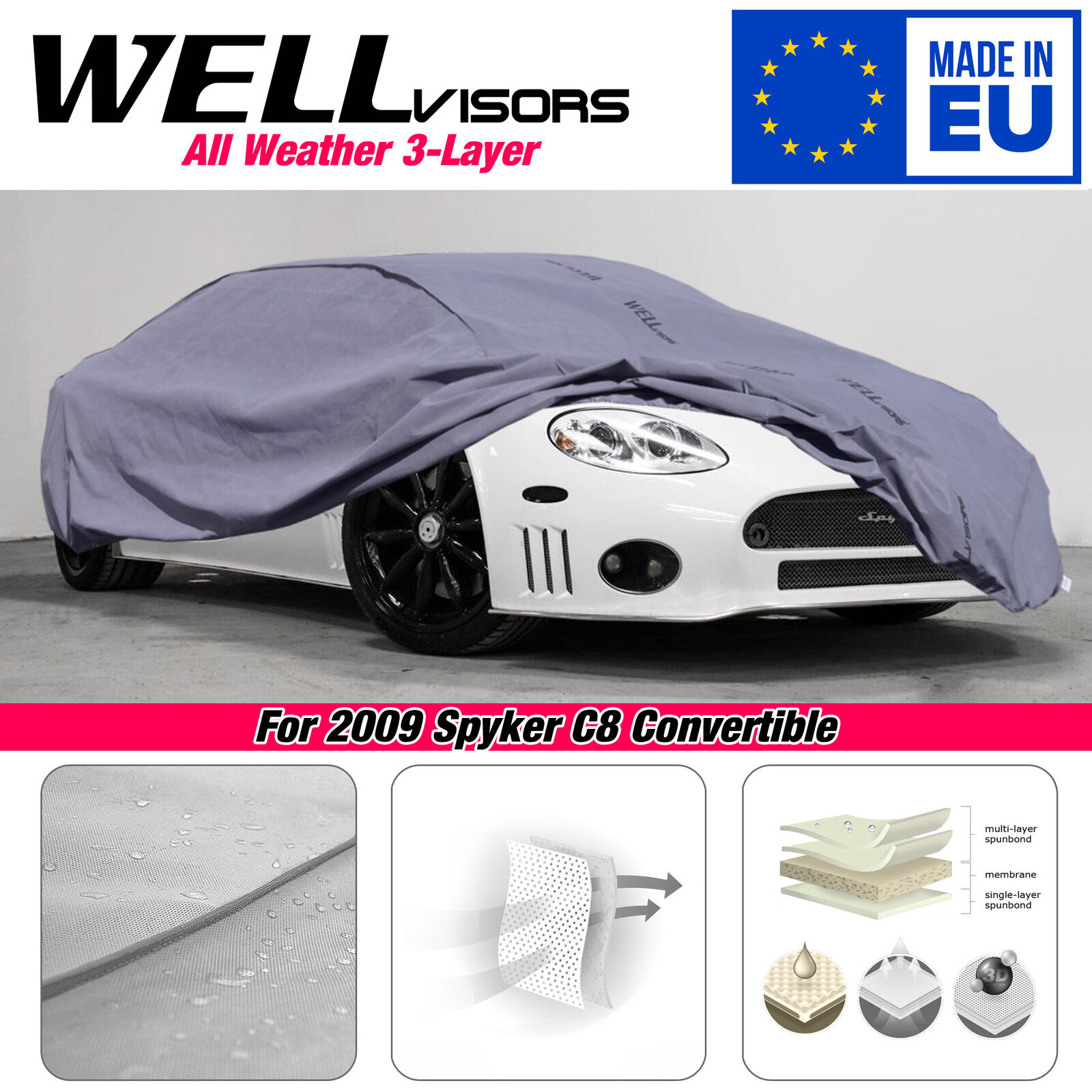 WELLvisors Water Resistant Car Cover 3-6898615CE For 2009 Spyker C8 Convertible