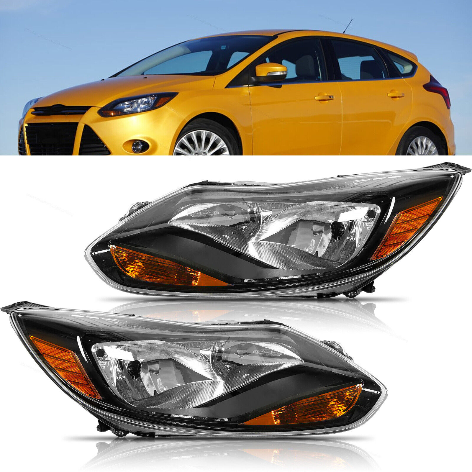 Fit for 2012-2014 Ford Focus Clear Lens Front Left & Right Side Headlights