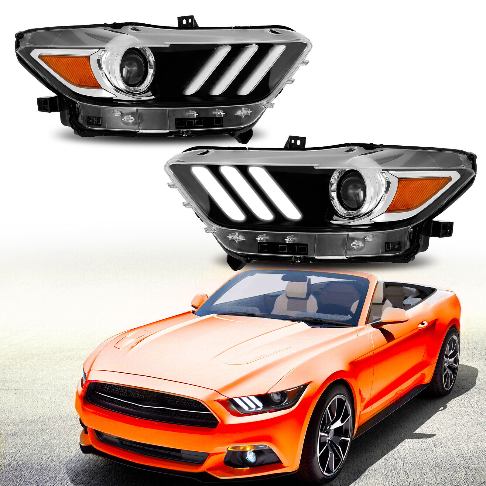 Pair Headlights For 2015-2017 Ford Mustang HID/Xenon Projector DRL Lamps LH+RH