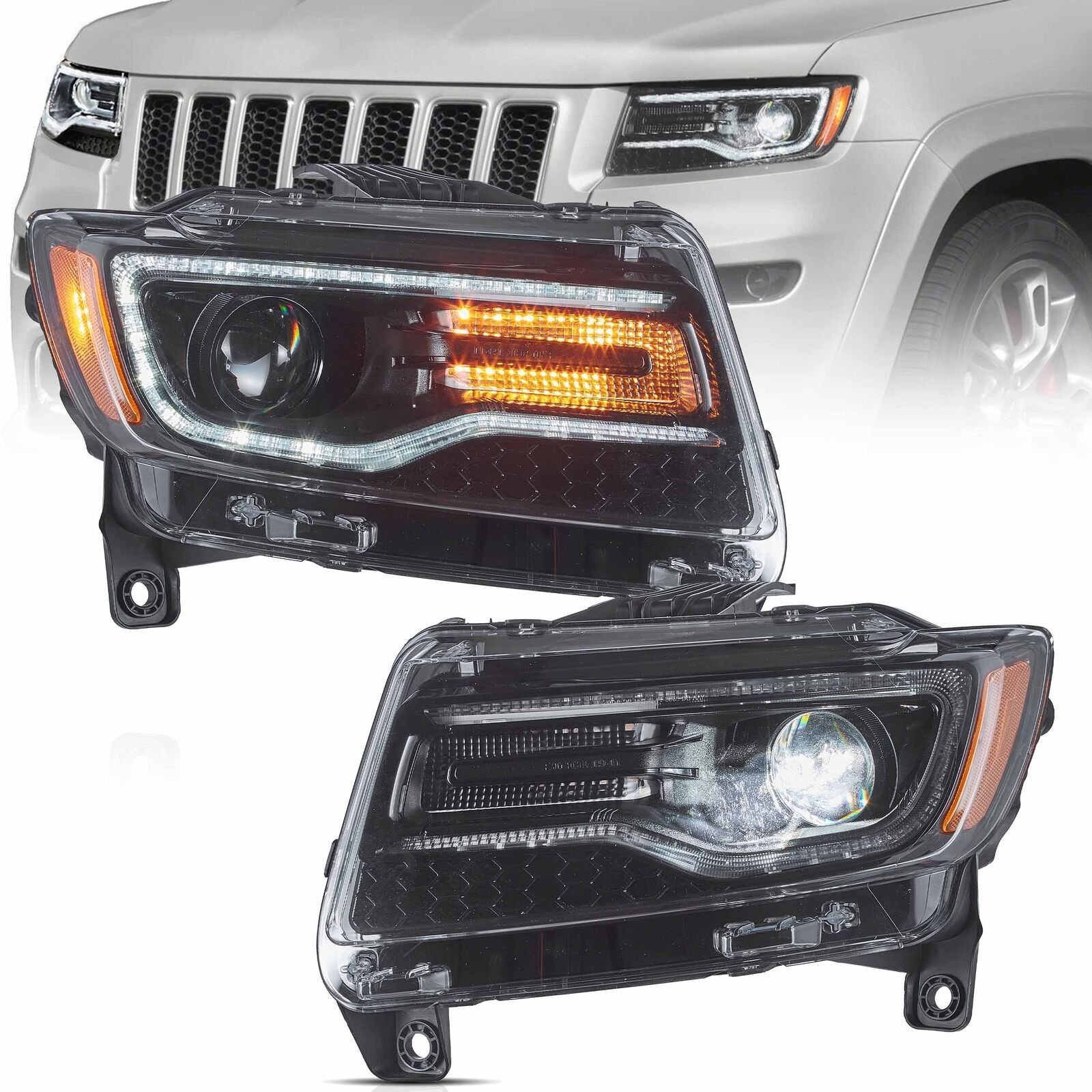 VLAND Headlight Projector LED For 2011-13 Jeep Grand Cherokee W/Blue Animation