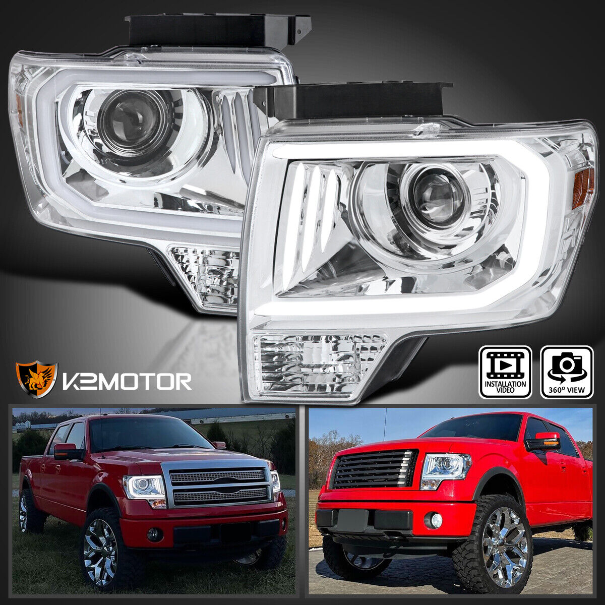 Fits 2009-2014 Ford F150 F-150 LED Tube Bar Projector Headlights Head Lamps Pair
