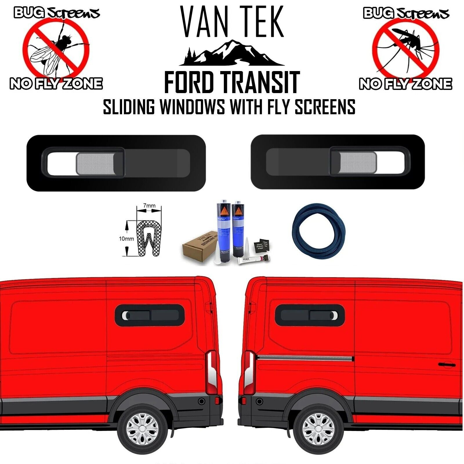 Ford Transit Sliding BUNK Windows 790mm x 240mm WITH FLY SCREENS + KIT + TRIM