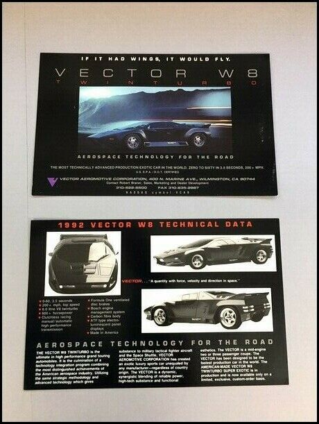1992 Vector W8 Original 1-page Car Brochure Leaflet Fact Card - Aerospace Turbo