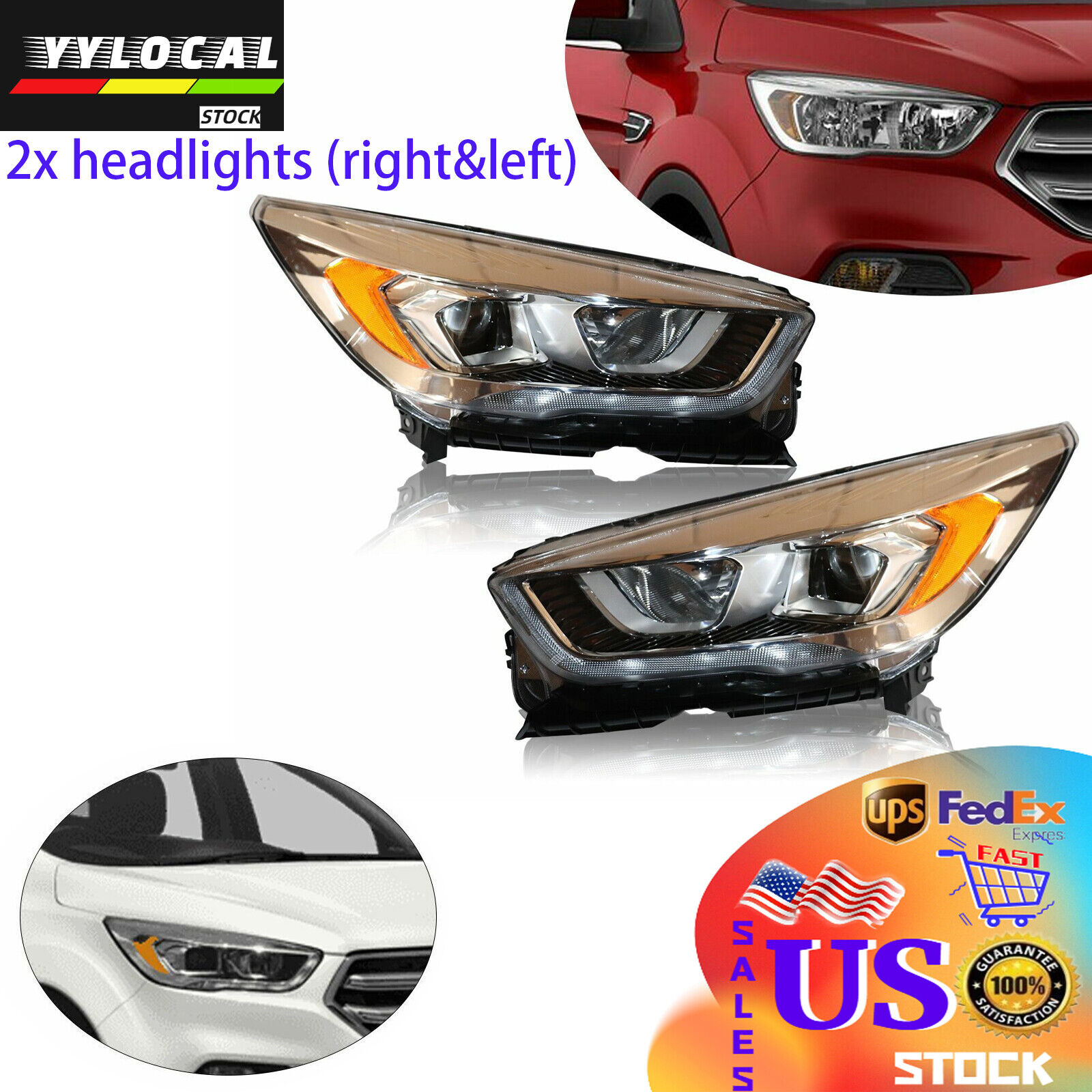 For 2017 2018 2019 Ford Escape Halogen Headlights Headlamps w/LED DRL Left+Right
