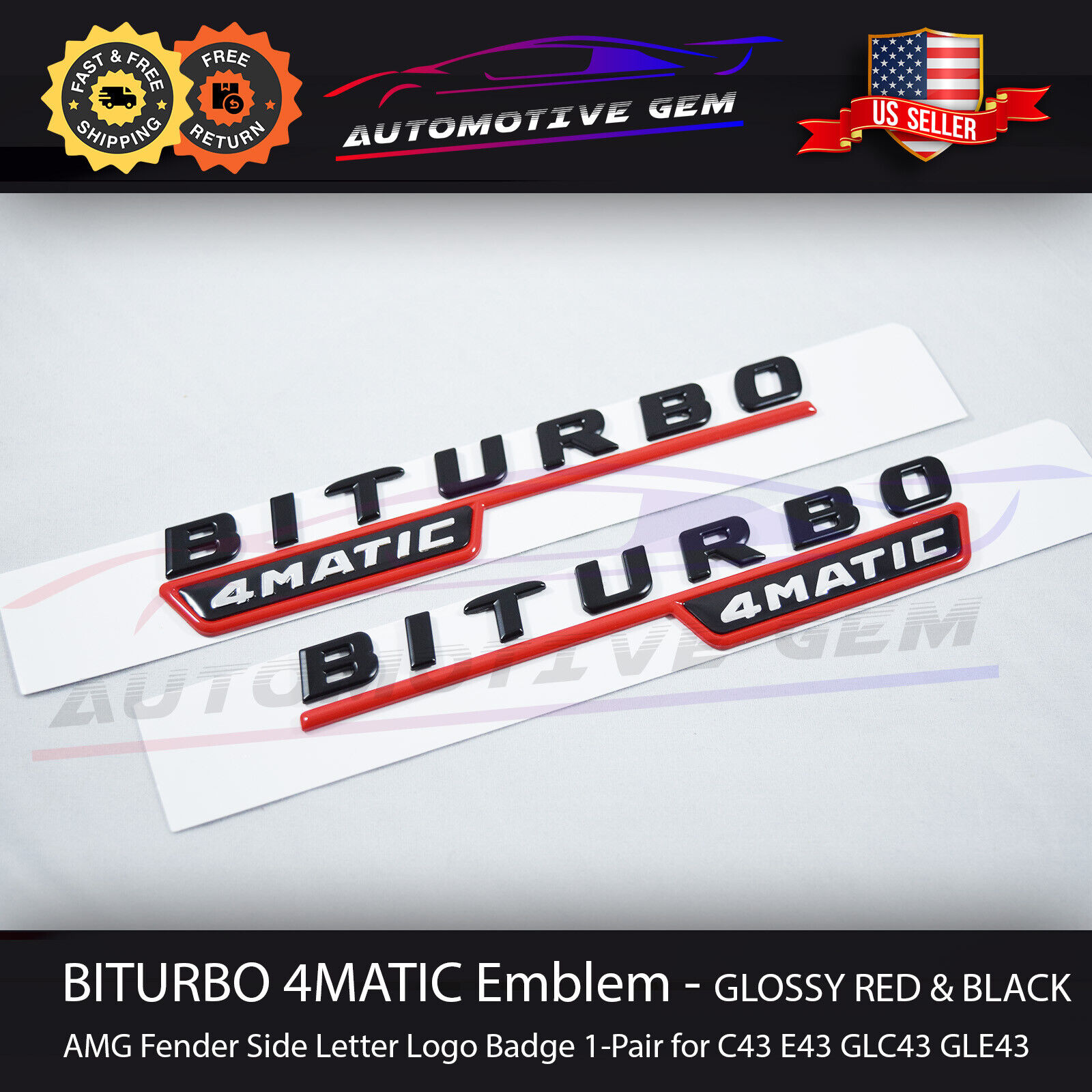 BITURBO 4MATIC Emblem AMG Fender Red Black Logo Badge Benz C43 E43 GLC43 GLE43
