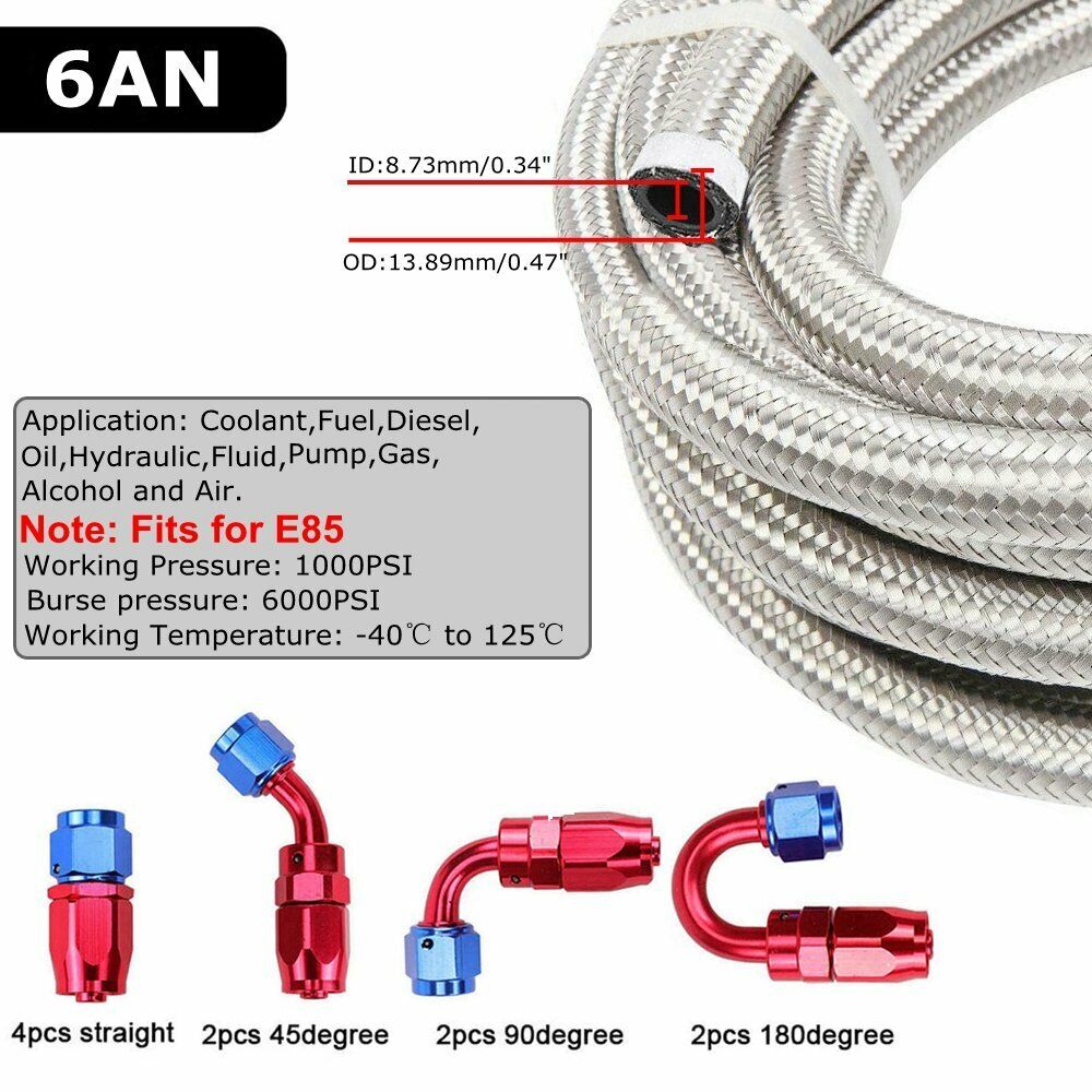 20ft Stainless Steel Braided 4/6/8/10/12AN CPE Fuel/Oil Hose Line & Fittings Set
