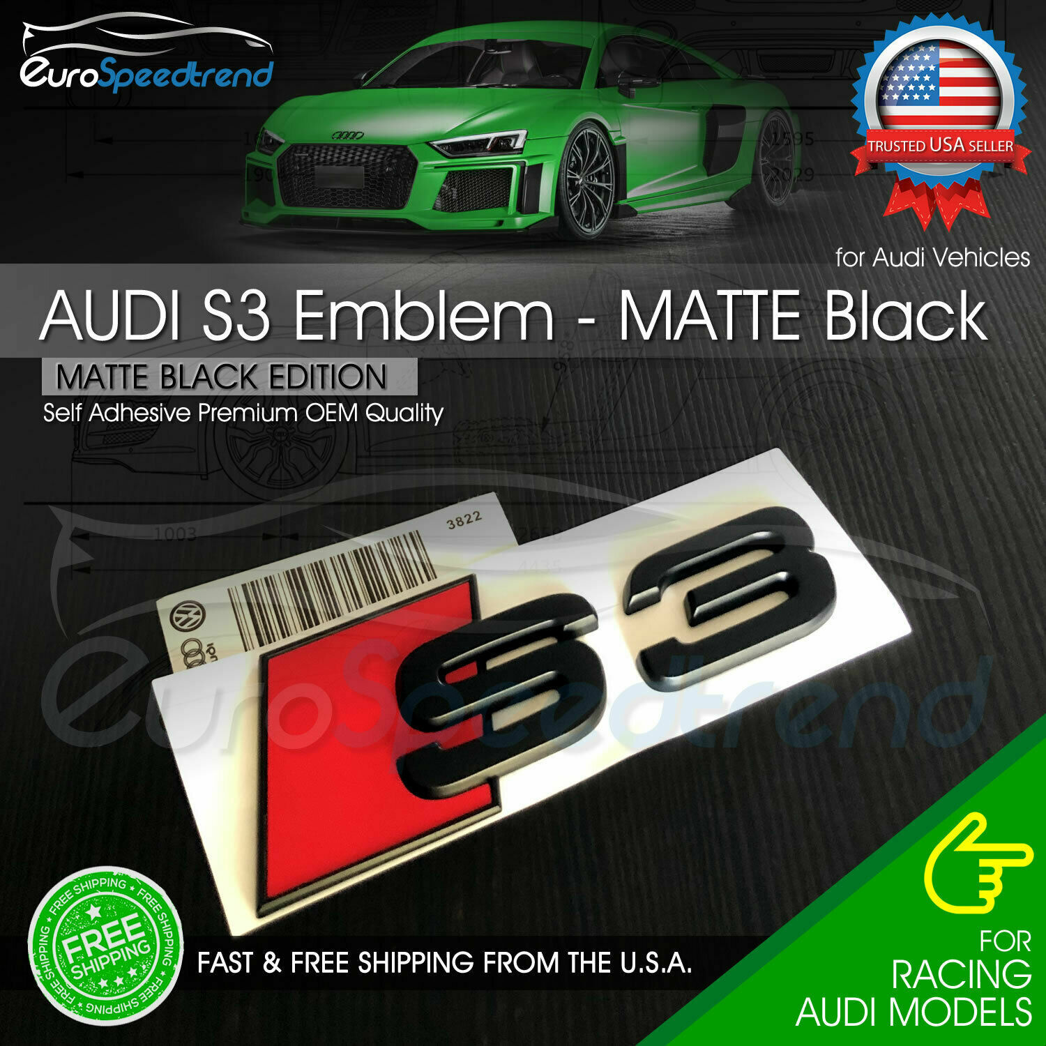 Audi S3 Matte Black Emblem 3D Badge Rear Trunk Lid for S Line Logo Nameplate OEM