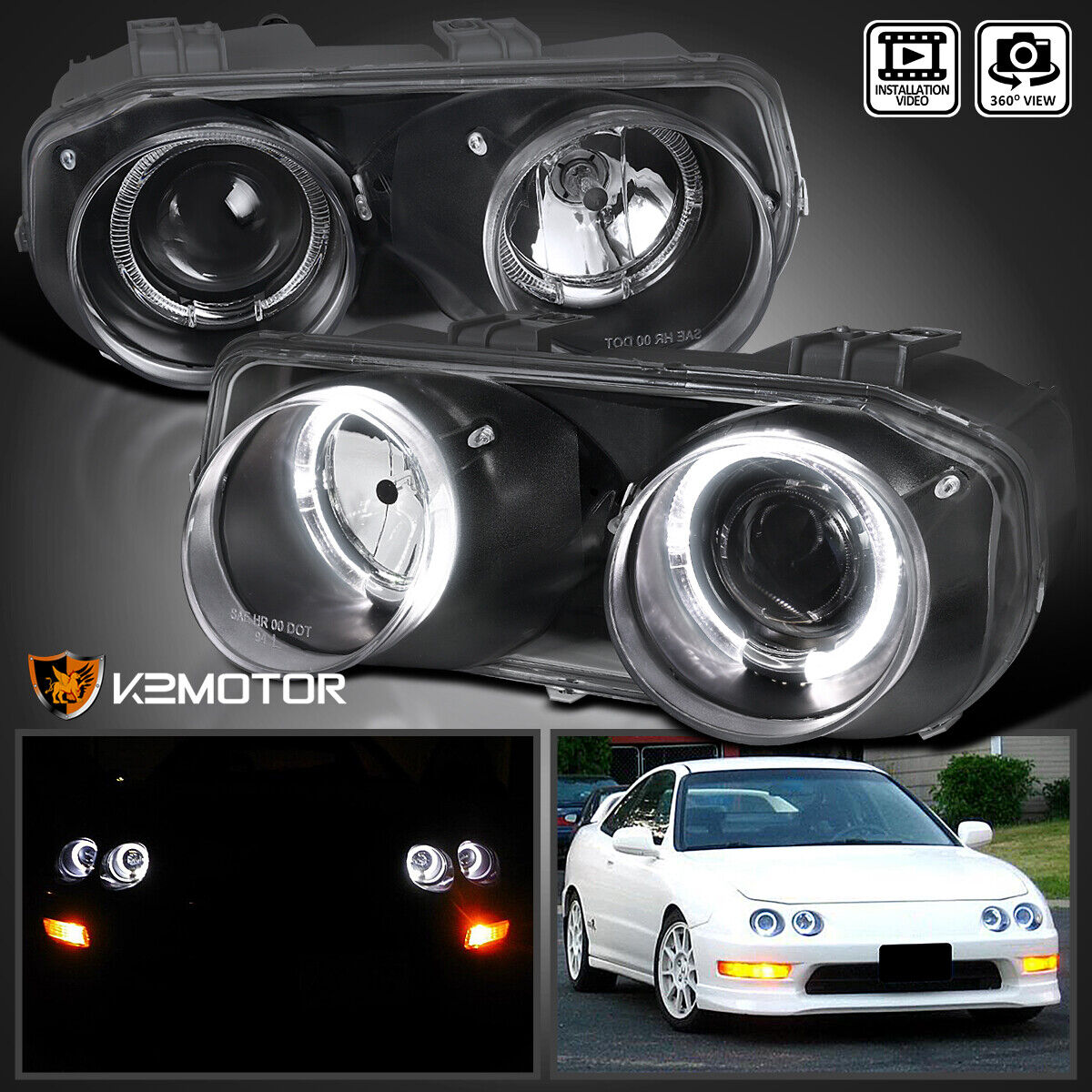Black Fits 1994-1997 Acura Integra LED Halo Projector Headlights Lamp Left+Right