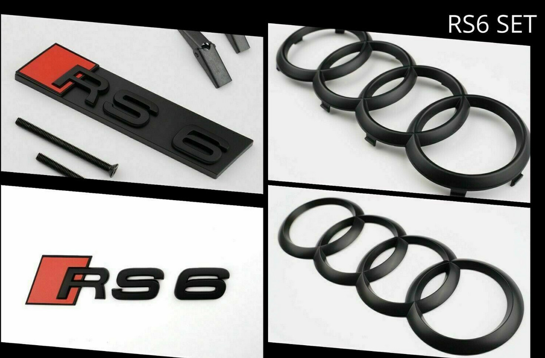 4pcs Audi RS6 Matte Black Badges Logo Hood Rear Grille Emblems Stickers Rings