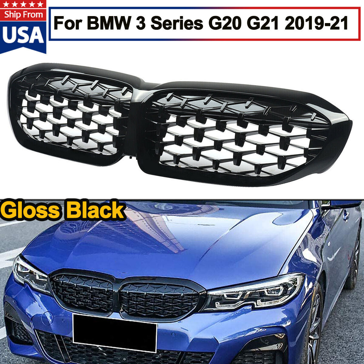 Shiny Black Front Kidney Grille For 2019-20 BMW G20/G21 3-Series 320i 330i M340i