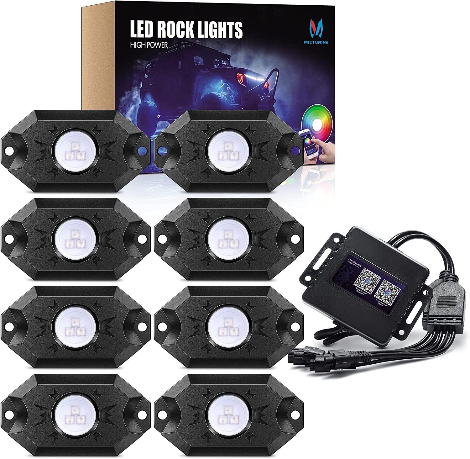 MICTUNING 2nd-Gen RGB LED Rock Lights Bluetooth 8 Pods Underglow Neon Lights Kit