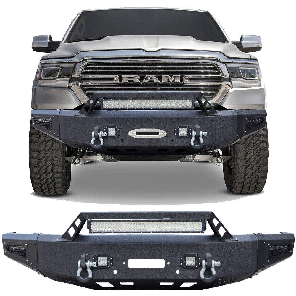Fits 2019-2024 Dodge Ram 1500 Front Bumper Black Steel with 4xLED Lights&D-Ring