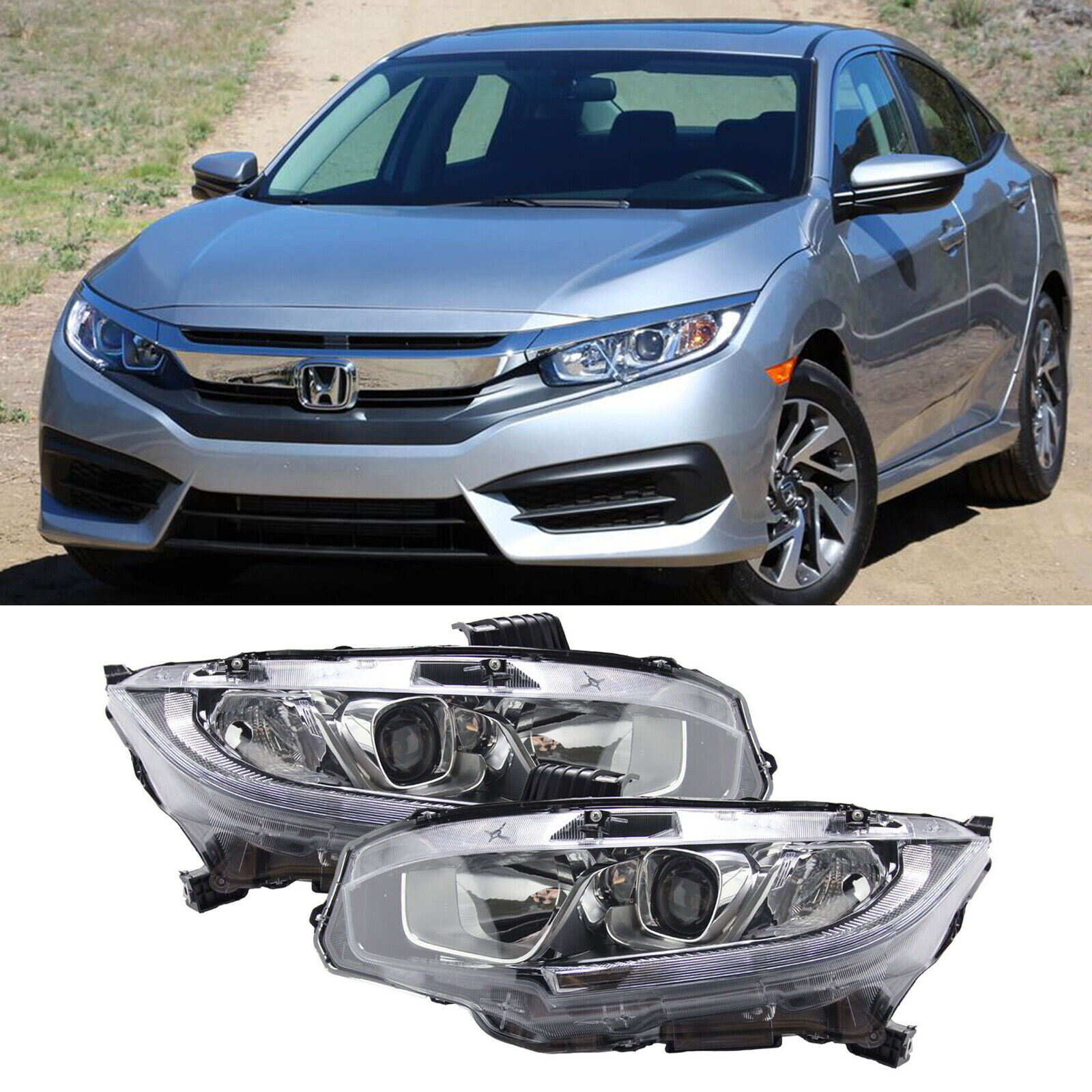 Pair of Chrome Halogen Headlights Assembly w/LED DRL For 2016-2021 Honda Civic