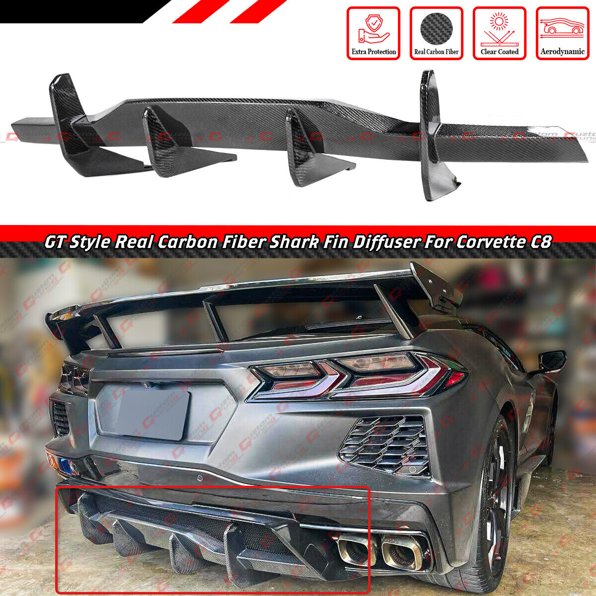For 2020-24 Corvette C8 Z51 STG 3 Add-On Real Carbon Fiber Rear Bumper Diffuser