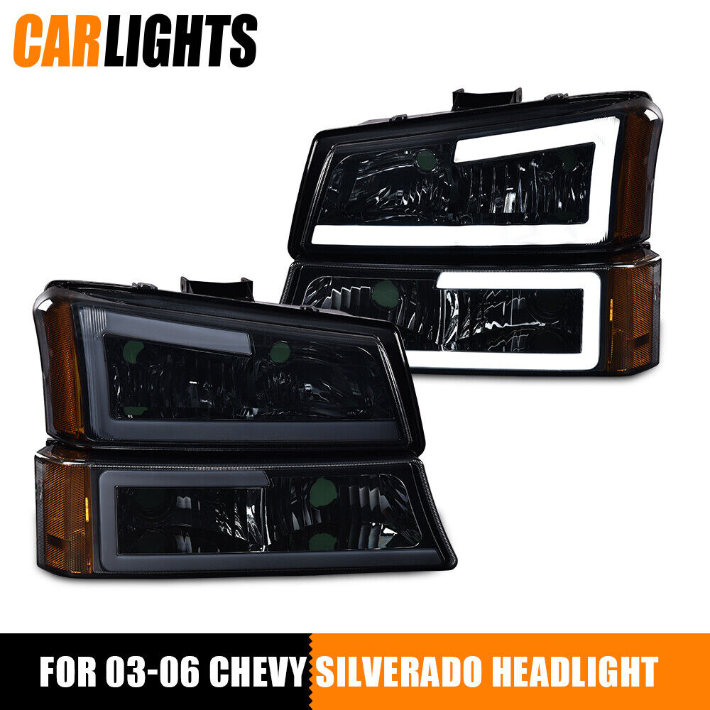 Fit For 03-07 Chevy Silverado 1500-3500 Smoke / Chrome LED DRL Bumper Headlights