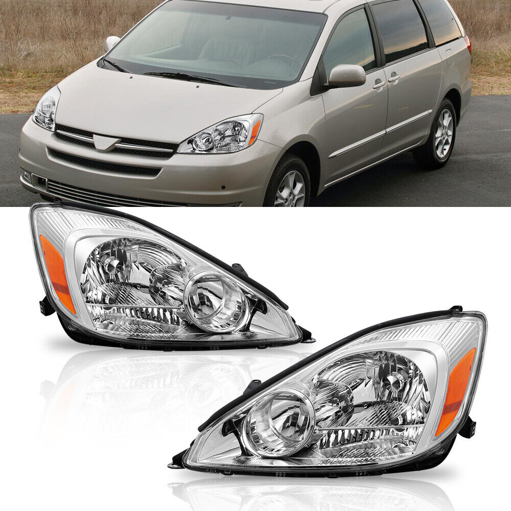 LH+RH Headlights Assembly Chrome Housing For 2004-2005 Toyota Sienna CE LE XLE