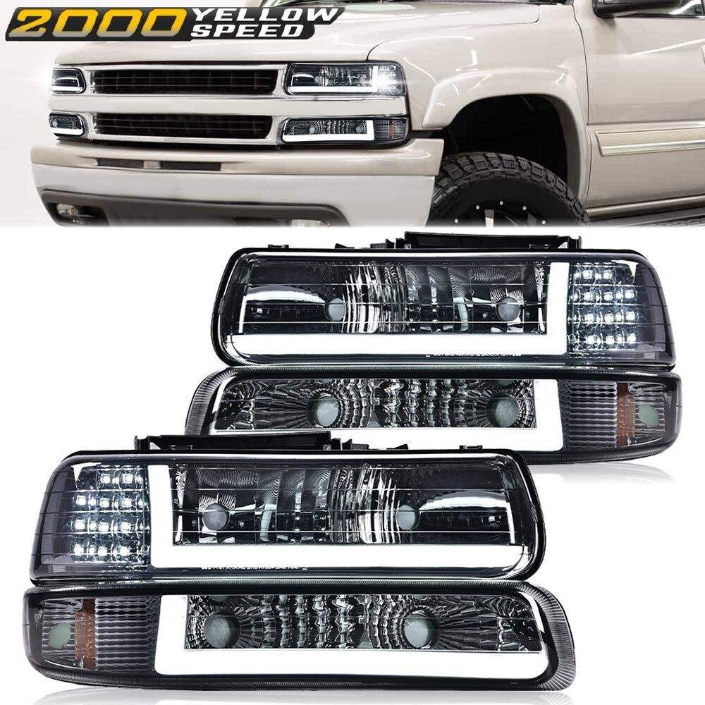 Fit For 99-02 Chevy Silverado 00-06 Tahoe Chrome LED DRL Headlights Headlamps