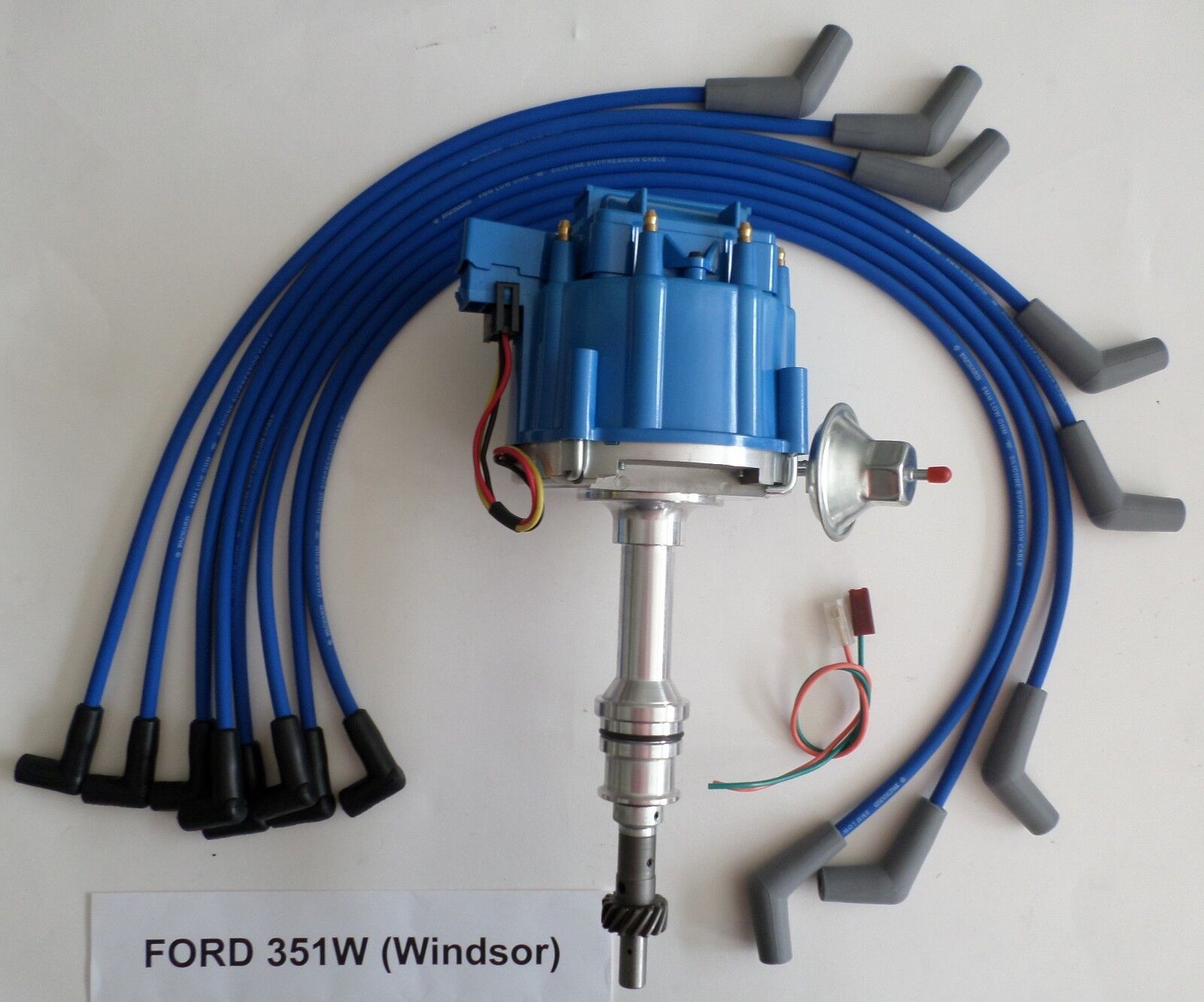 FORD 351W (Windsor) BLUE HEI Distributor + 8mm Spiral Core Spark Plug wires USA