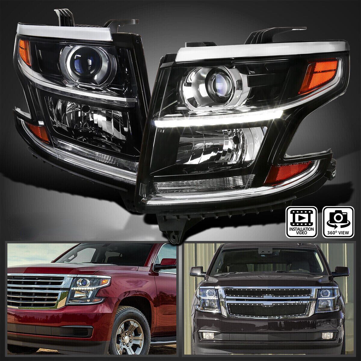 Black Fits 2015-2020 Chevy Tahoe Suburban LED Strip Projector Headlights Lamps