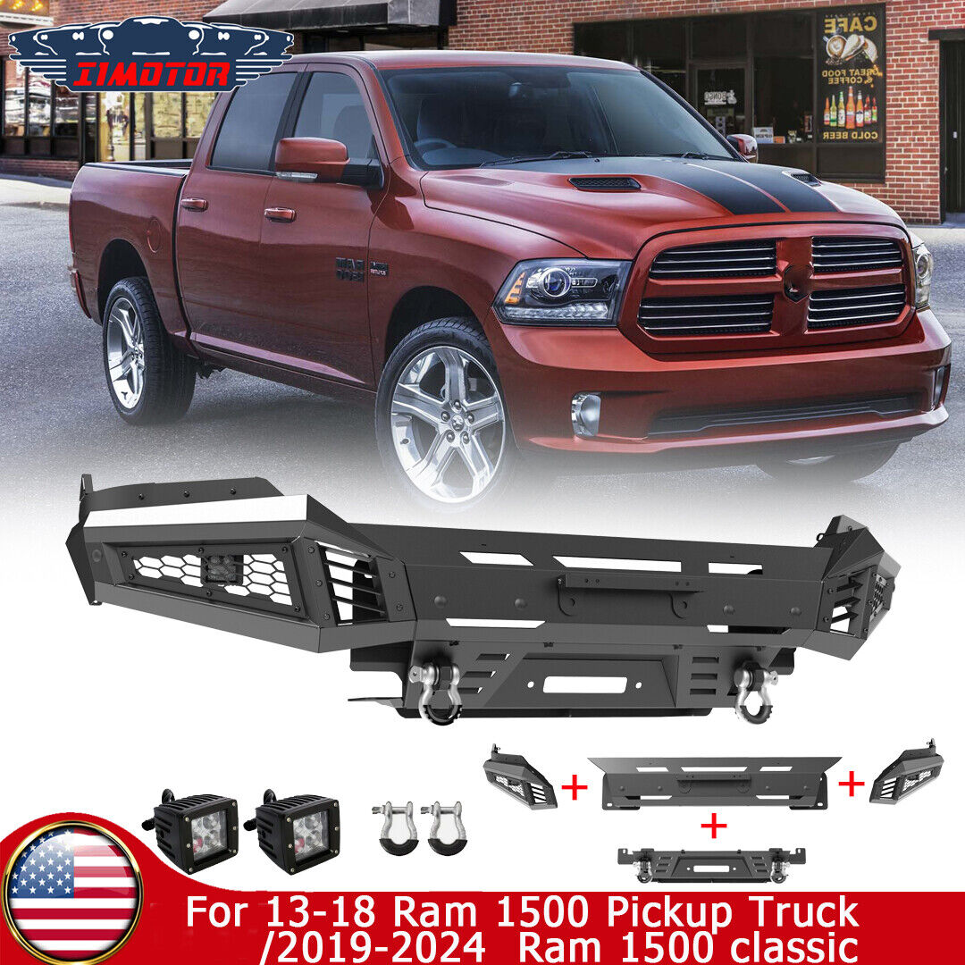 For 2013-2018 Dodge Ram 1500/19-23 Ram 1500 Steel Front Bumper w/2*LED Lights