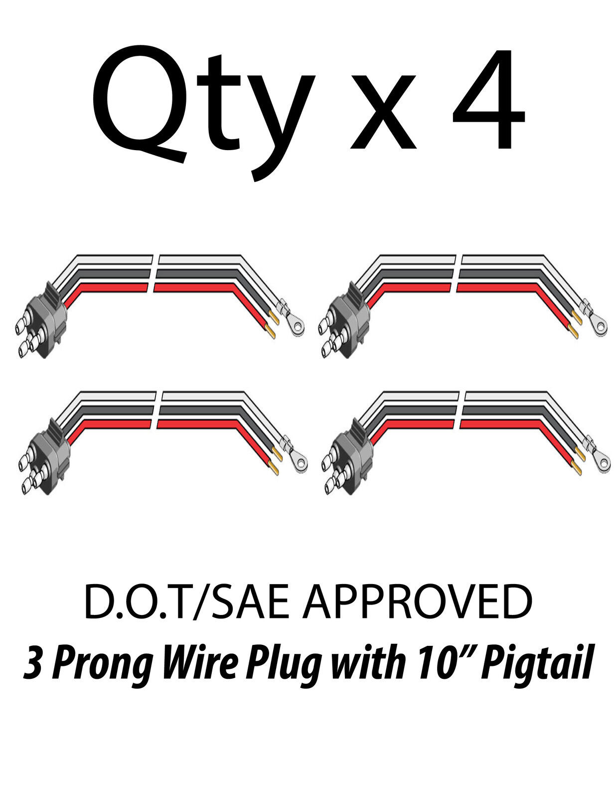 3 Prong Pigtail Wire Plug for Truck Trailer Stop Turn Tail Lights - Qty 4