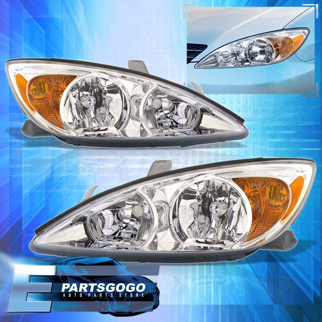 For 02-04 Toyota Camry Replacement Headlights Lamps Pair Left+Right Chrome Amber
