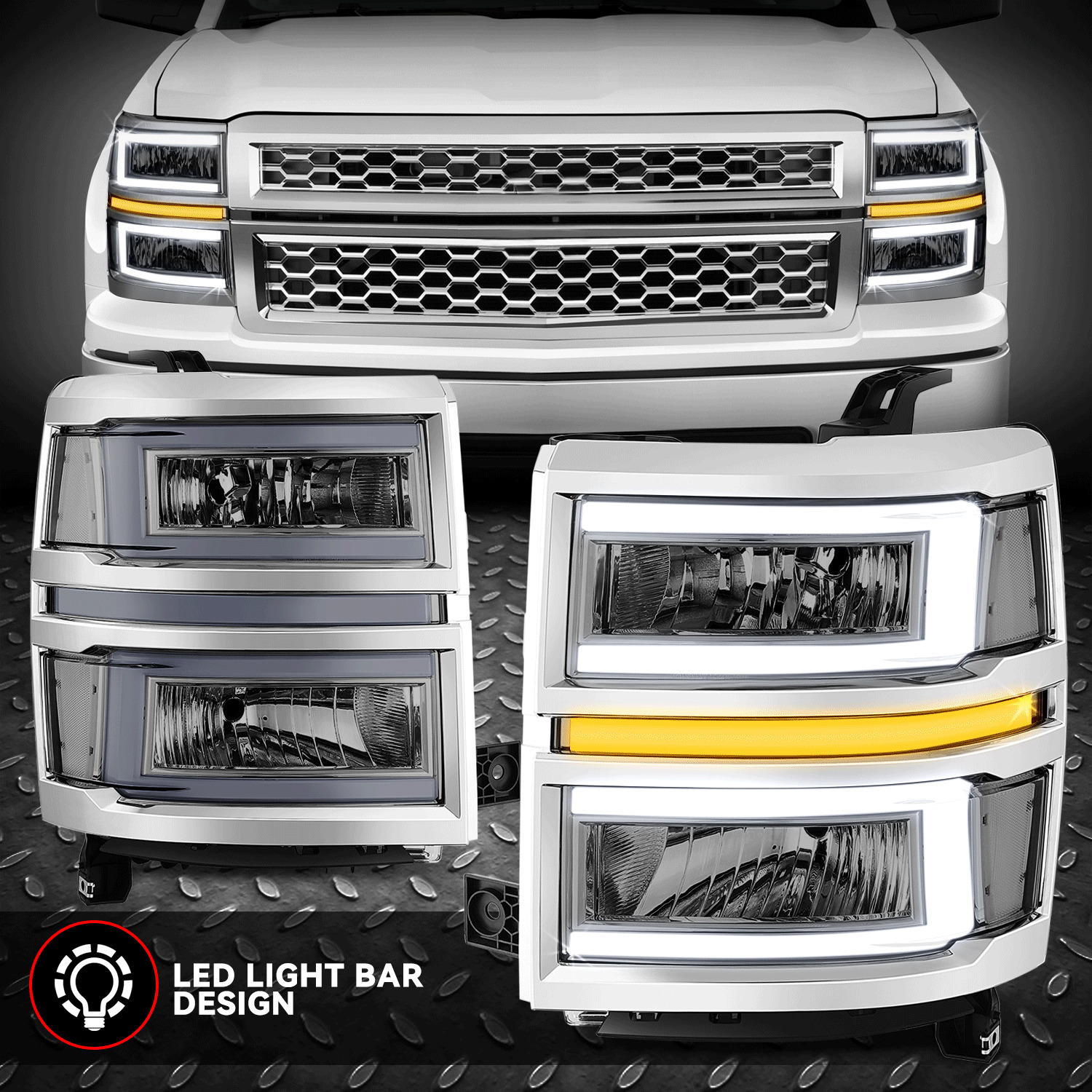 [C-LED Sequential Signal] For 14-15 Chevy Silverado 1500 Headlights Smoke/Clear