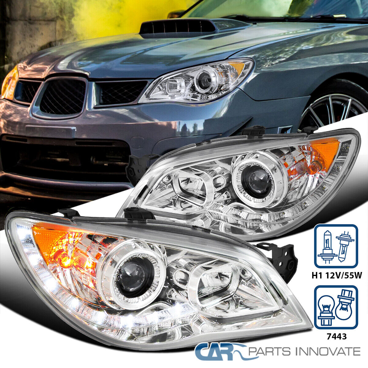 Fit 06-07 Subaru Impreza WRX LED Strip Clear Projector Headlights Head Lamps L+R