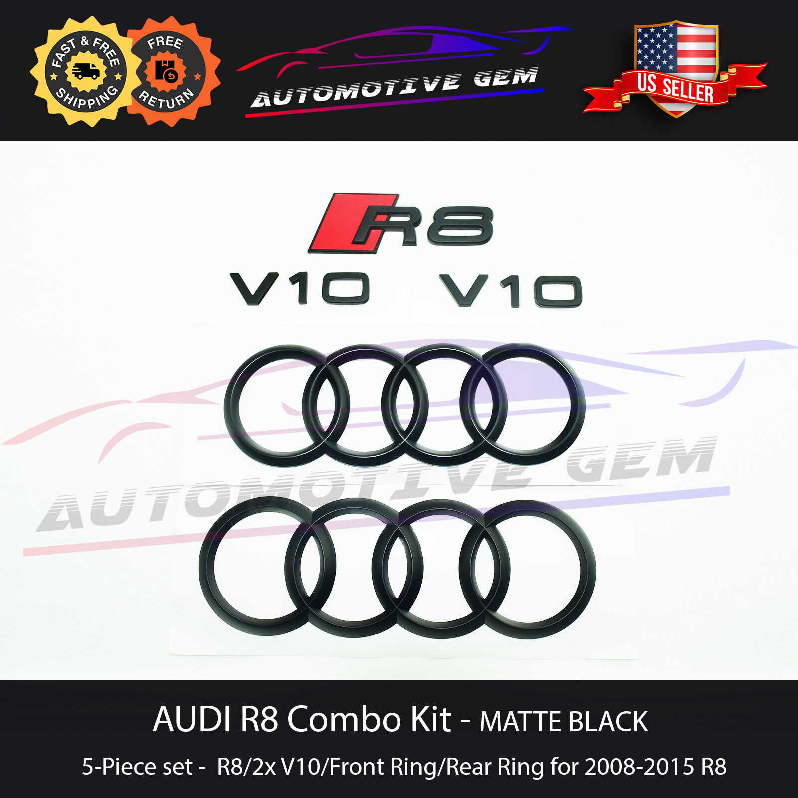 AUDI R8 Emblem MATTE BLACK Hood Trunk Ring V10 Sign Logo Badge Kit Set 2008-2015