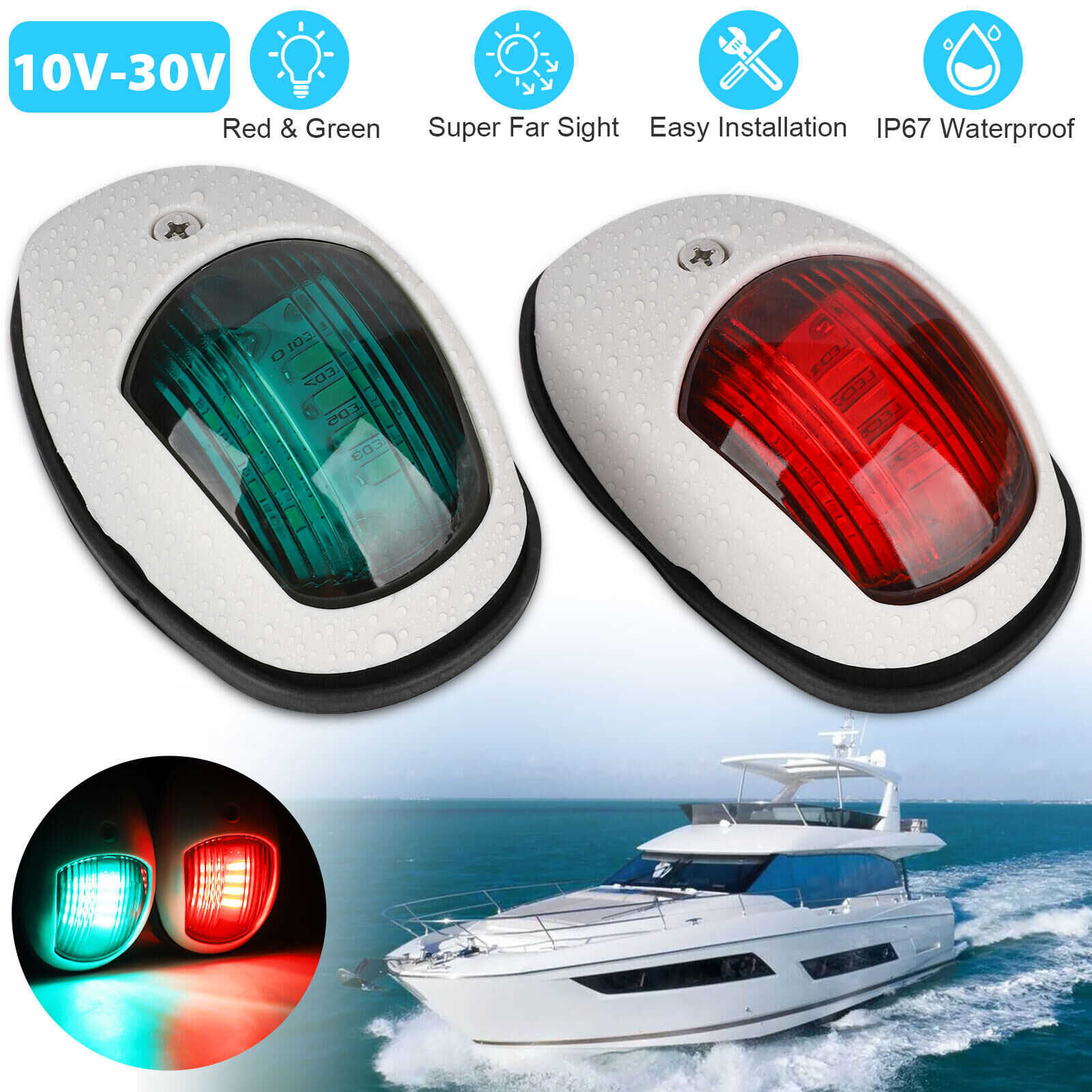 Pair Red & Green 8 LED Navigation Lights Marine Bow Light Lamp for Boat Pontoon