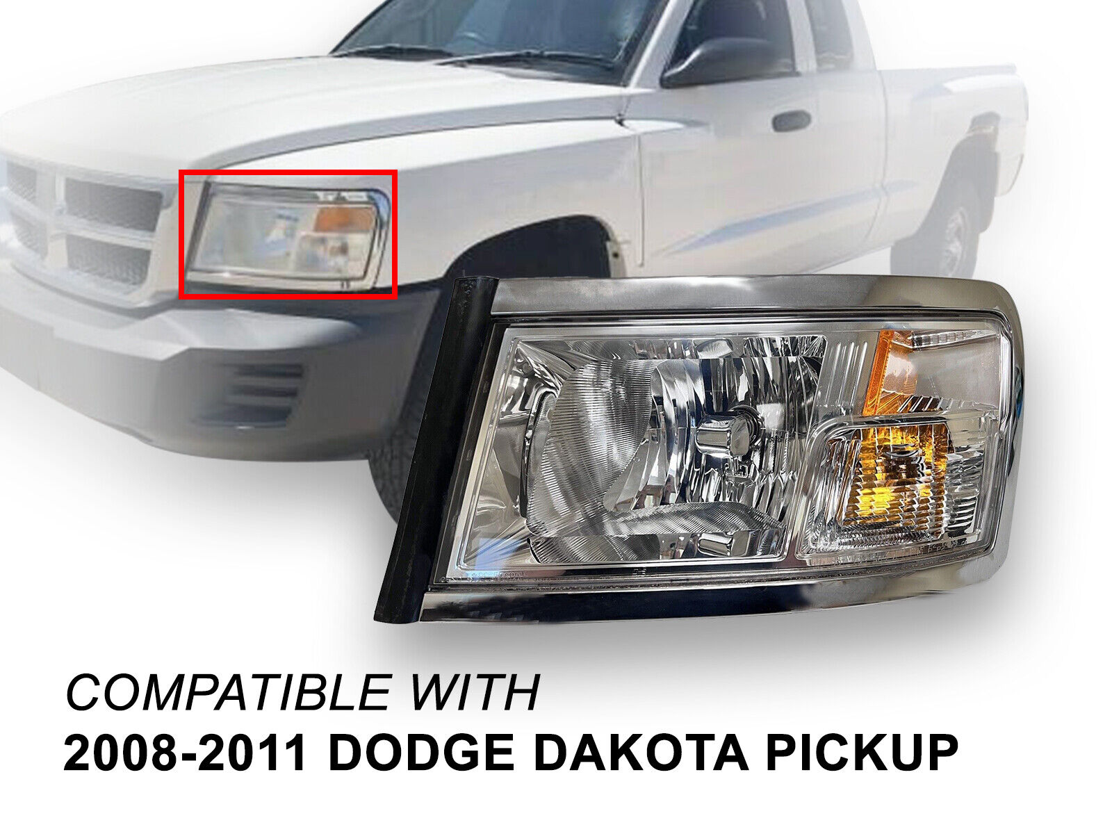 Fits Chrome Trim Headlight 2008 - 2011 Dodge Dakota Pickup Driver Side CH2518128