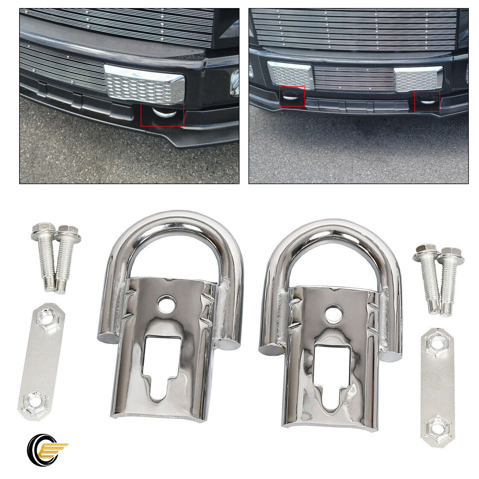 Pair (2) Chrome Tow Hooks w/ Hardware for Ford F-150 2009-2024 Cab Pickup Front