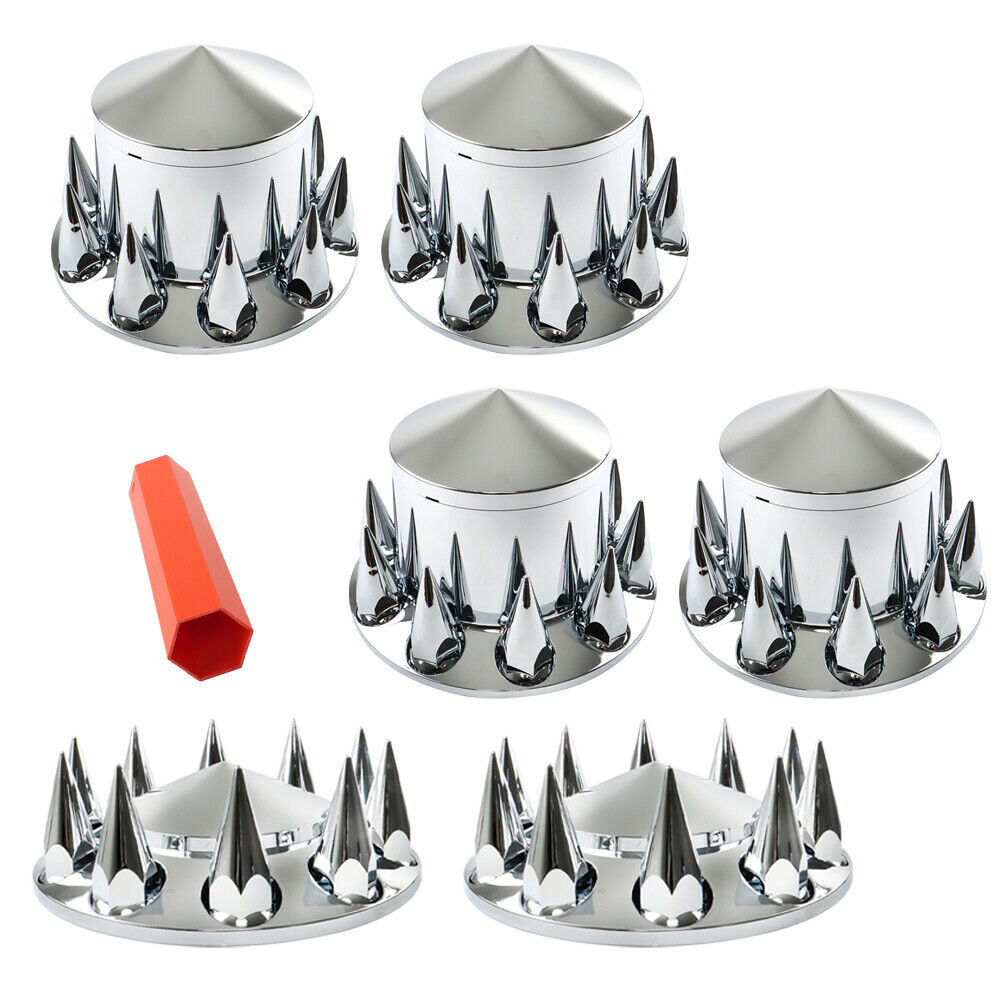 Chrome Hub Cover Kit Front & Rear Semi Truck 33mm Nut Wheel Axle Covers Spiked