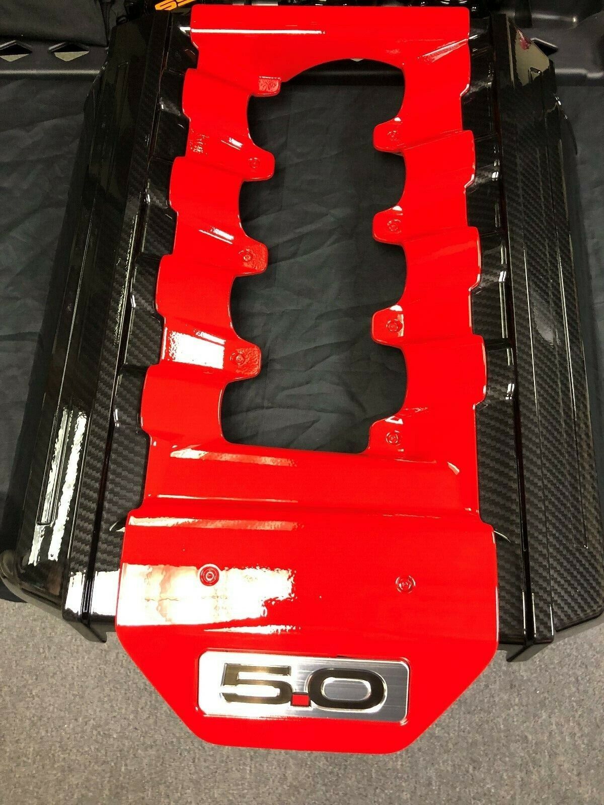 Ford Mustang GT Painted Race Red Center And Black Sides. Engine Cover 5.0