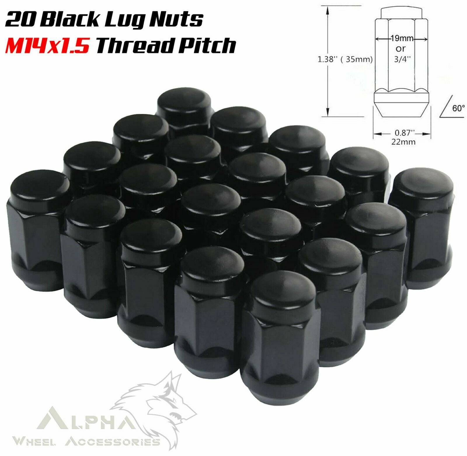 20 Black Lug Nuts 14X1.5 For Chevy Camaro SS Dodge Challenger Charger Hellcat