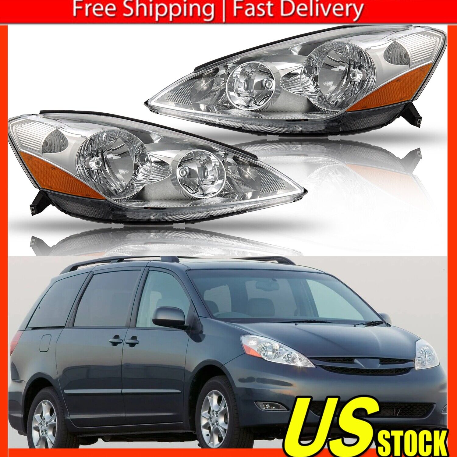 For 2006-2010 Toyota Sienna Factory OE Style Headlights Replacement - Chrome