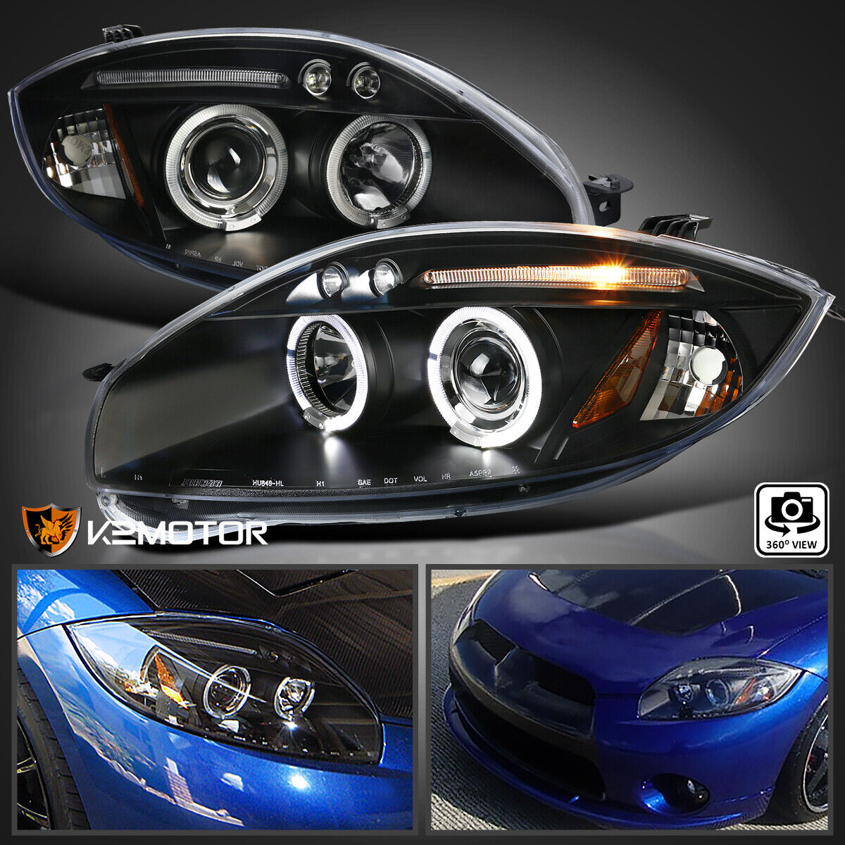 Black Fits 2006-2012 Mitsubishi Eclipse LED Halo Projector Headlights Left+Right