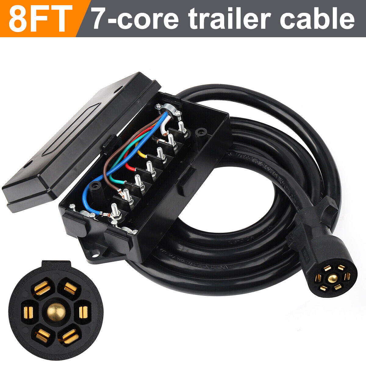 4ft 8ft Trailer Cord 7 Way Plug 7-Pole Inline Junction Box Wiring Harness Kit