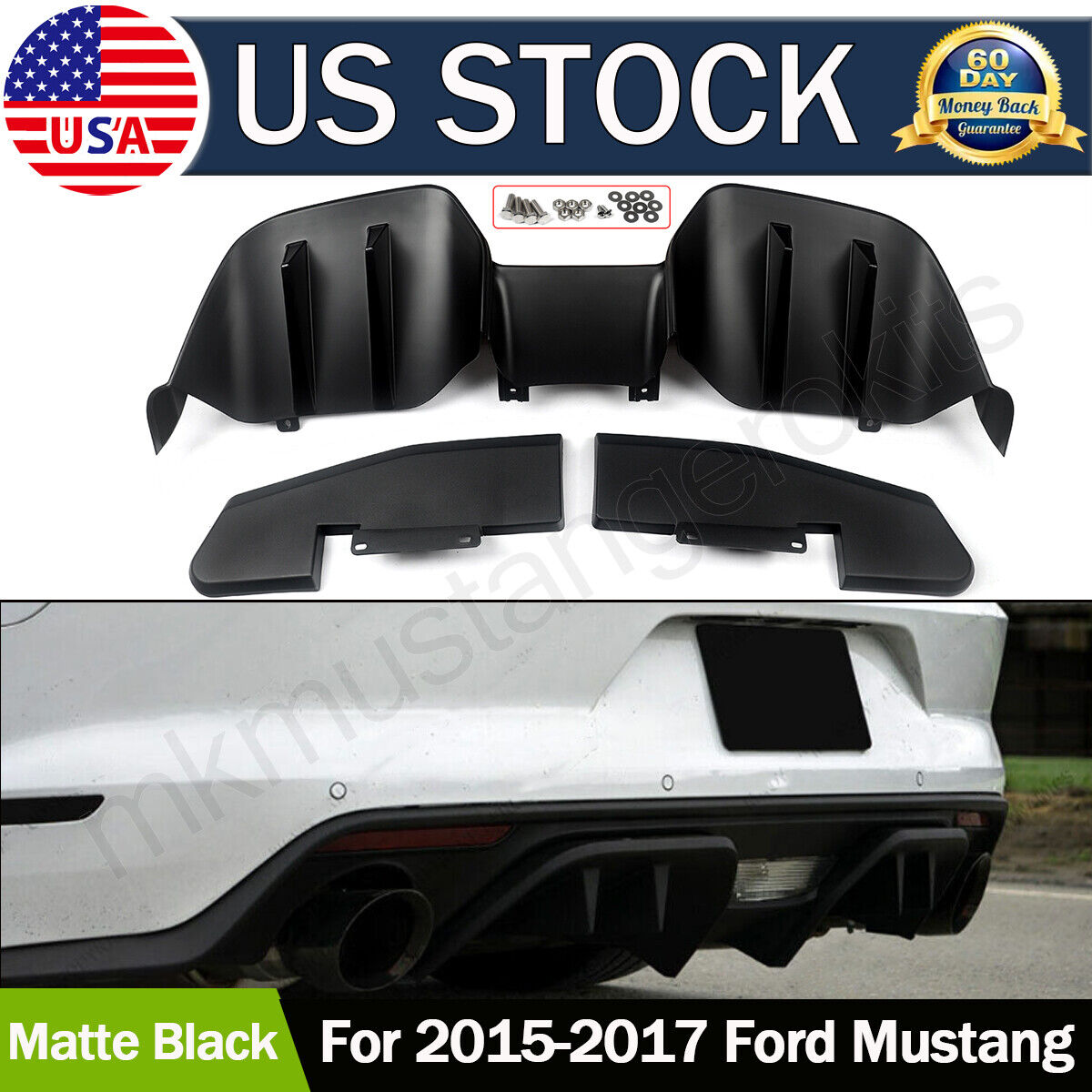 Fit For 2015-2017 Ford Mustang Premium Rear Bumper Diffuser w/ Side Valance 3Pcs