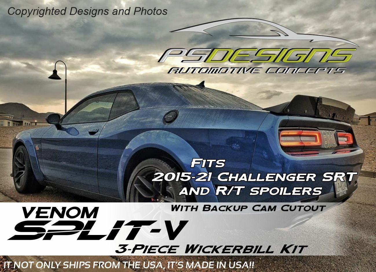 PSDesigns Split V Wickerbill spoiler fits 2015+ Dodge Challenger Backup Cam