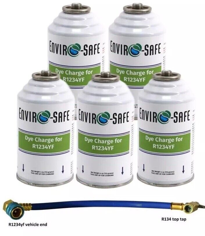 Refrigerant Leak Detector Dye, UV Dye, For 1234YF Systems + Hose (5 Can Kit)
