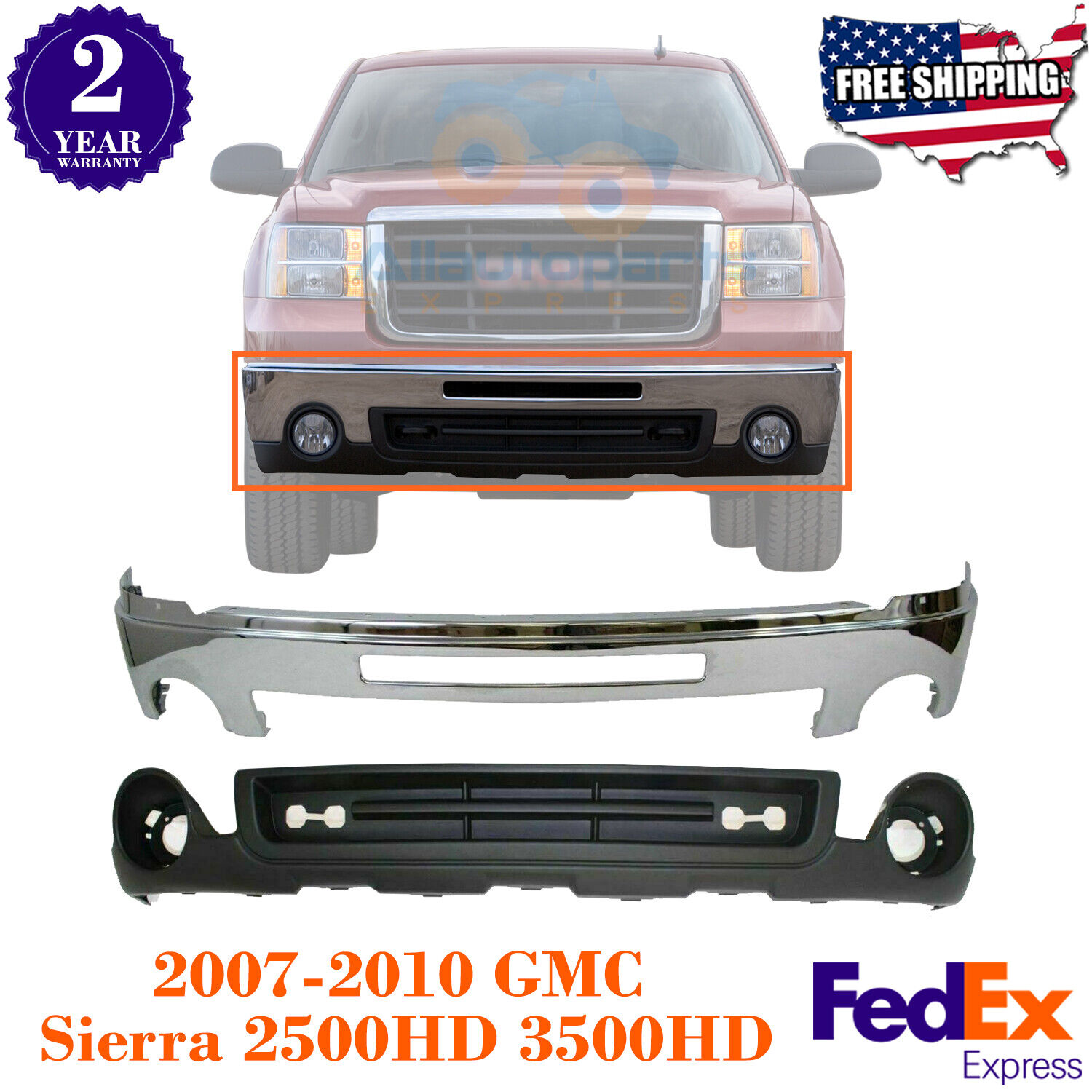 Front Bumper Chrome Steel + Lower Valance For 2007-2010 GMC Sierra 2500HD 3500HD