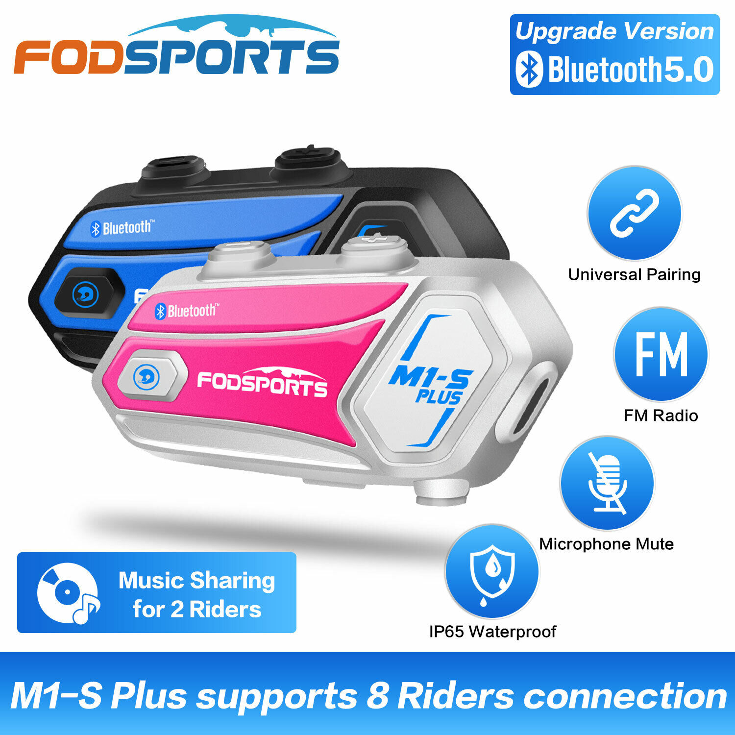 2x Fodsports M1-S Plus Motorcycle Intercom Motorbike Bluetooth Helmet Headset FM