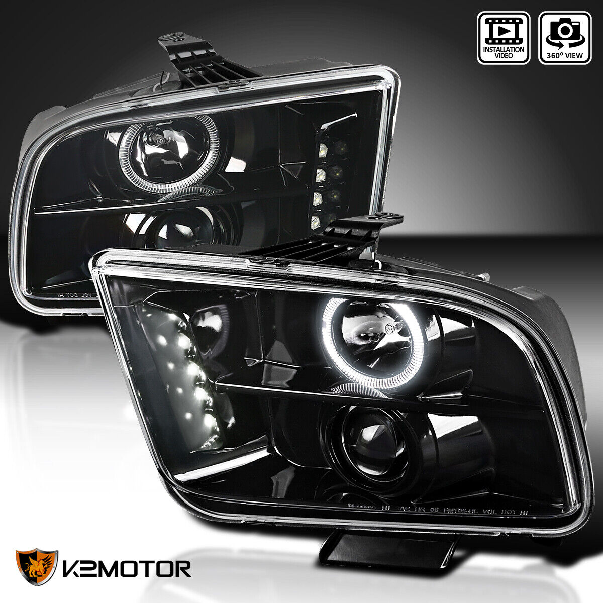 Jet Black Fits 2005-2009 Ford Mustang LED Halo Projector Headlights Left+Right