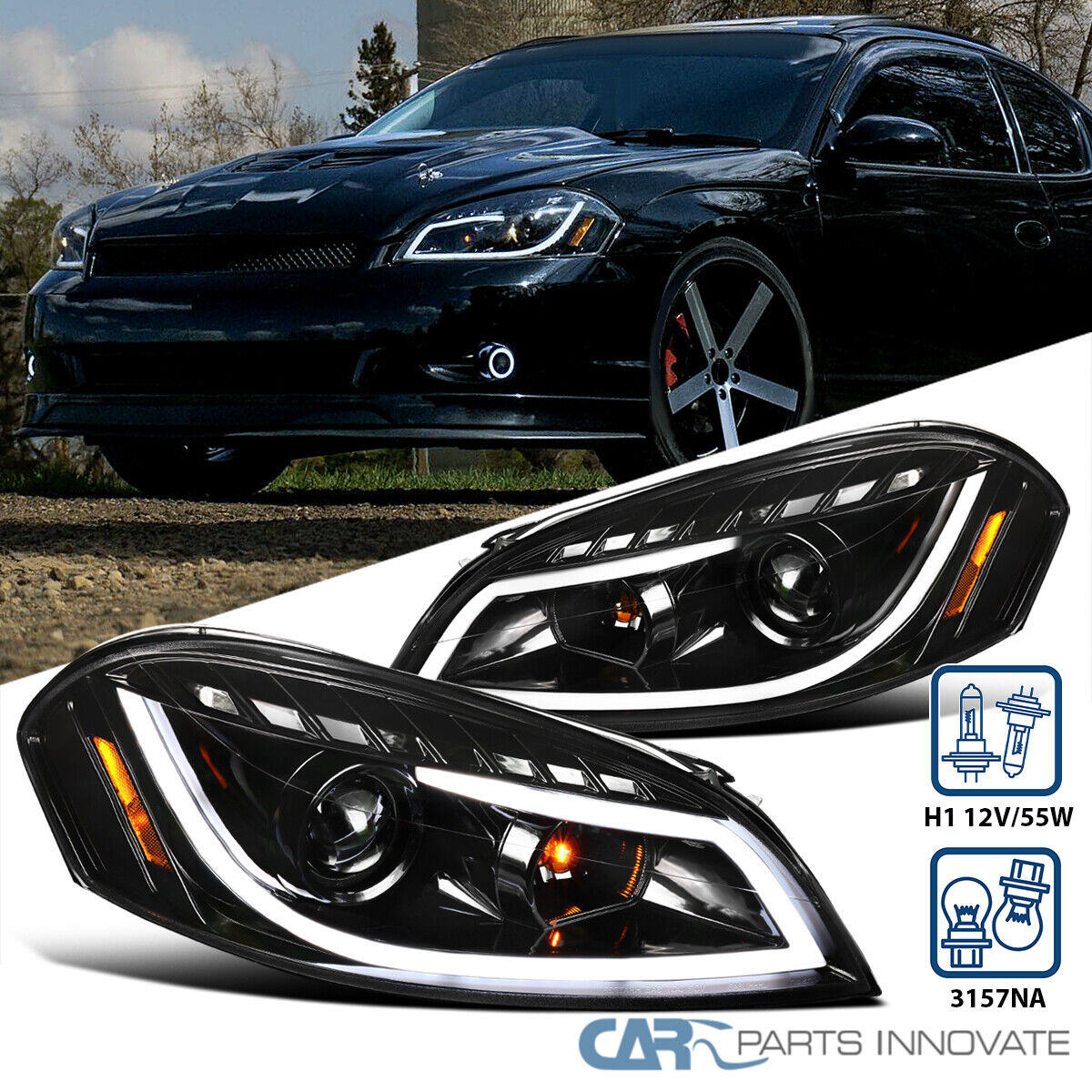 Fit 2006-2013 Chevy Impala Pearl Black Projector Headlights LED Signal Bar Lamps