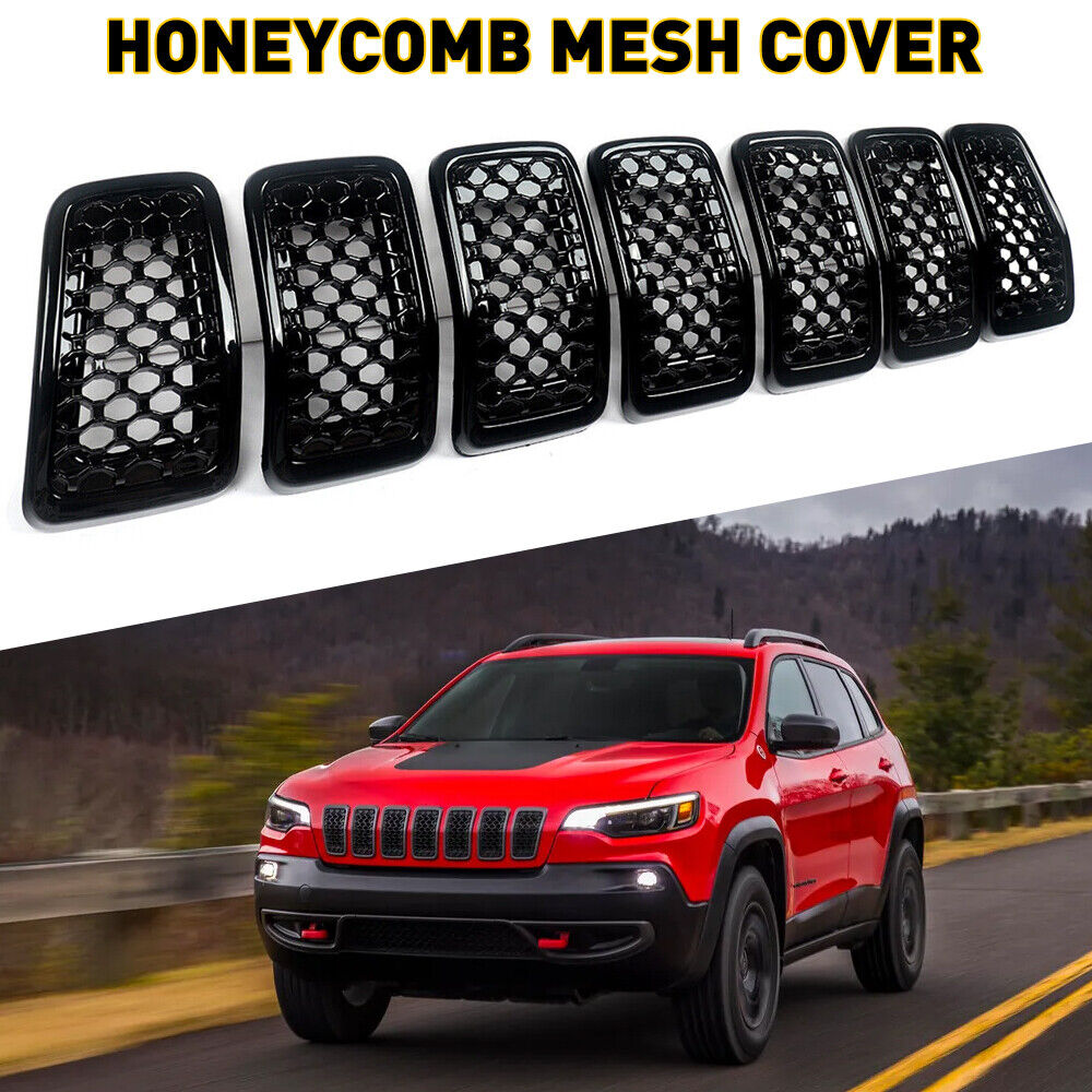7X Gloss Black Front Grille Grill Inserts Mesh Cover for Jeep Cherokee 2019-2021