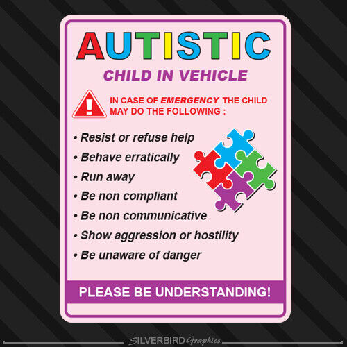 Autistic child in vehicle sticker decal autism awareness car truck window safety