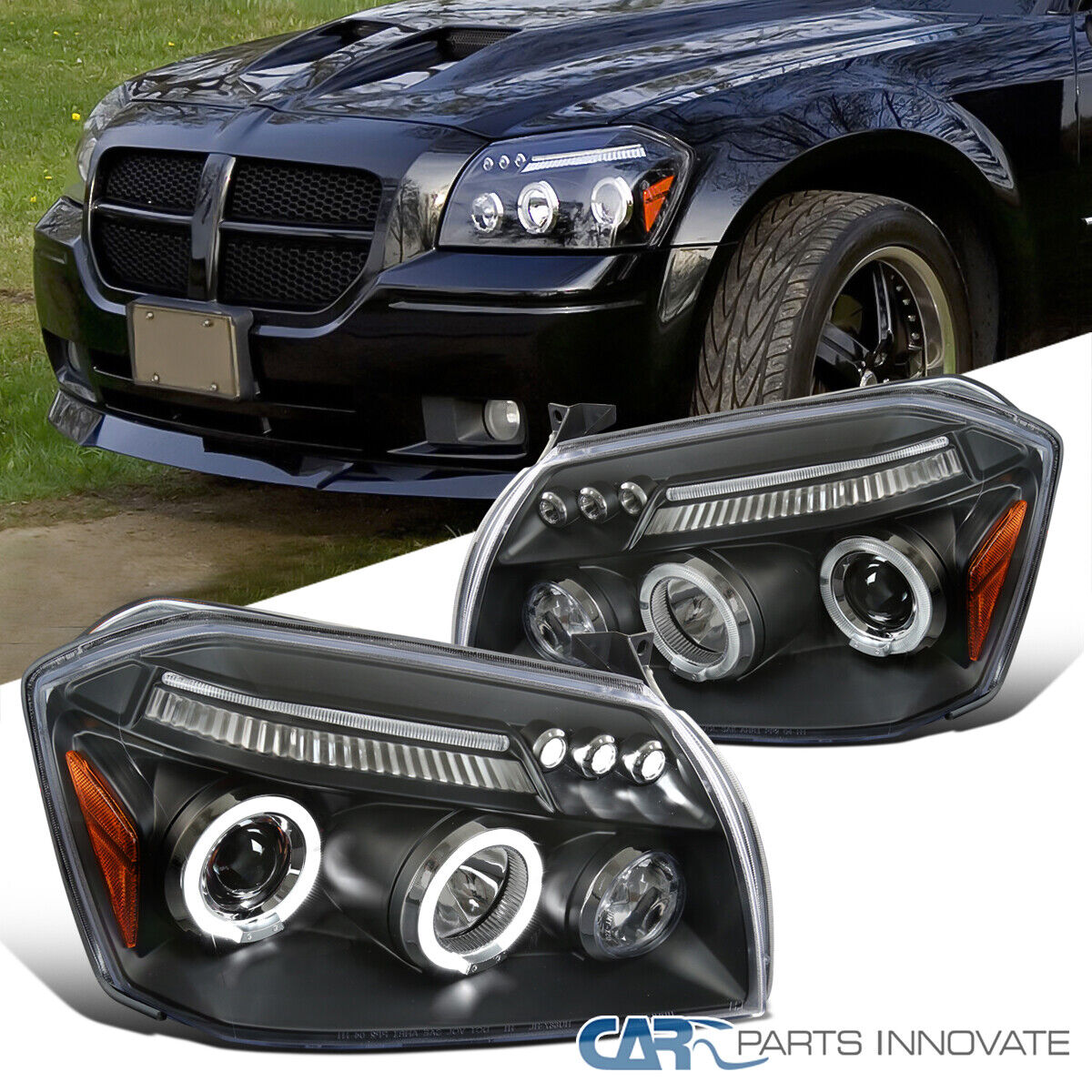 Black Fits 2005-2007 Dodge Magnum LED Halo Projector Headlights Lamps Left+Right